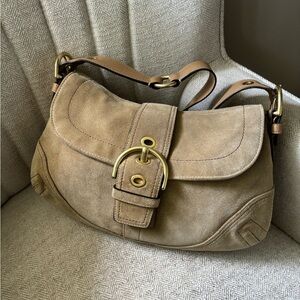 COACH Tan Suede SoHo Buckle Flap Medium Gold Hardware